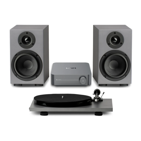 Pro-Ject WiiM Phono Set · Sistema Completo con Tornamesa E1 Phono SE, WiiM Amp y Parlantes SB 5 E Carbon