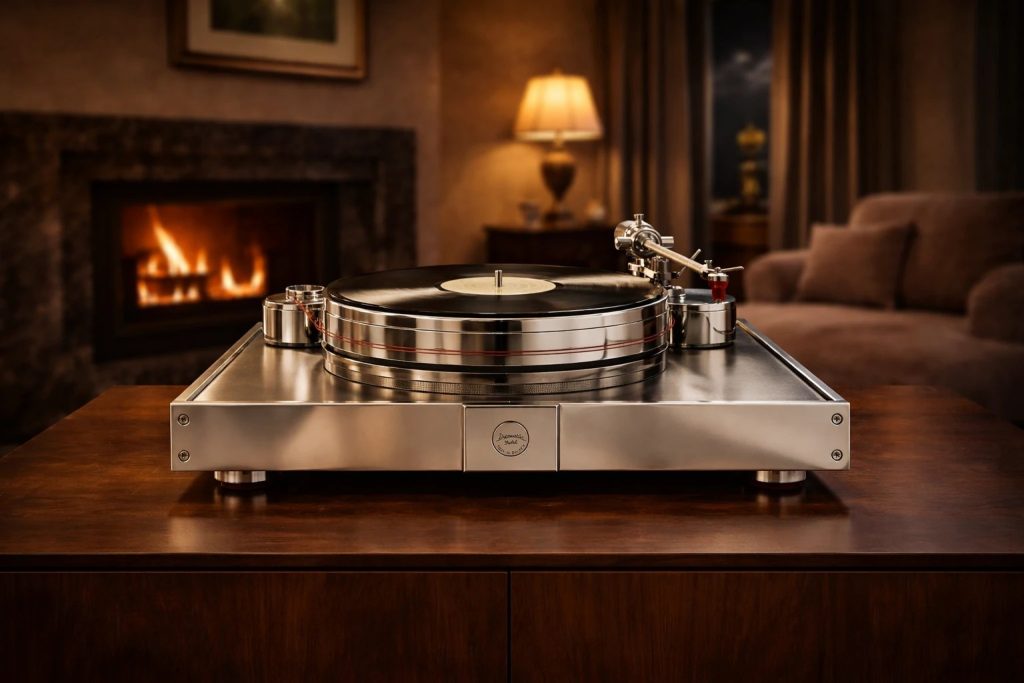 Tornamesa Acoustic Solid Vintage junto a la chimenea
