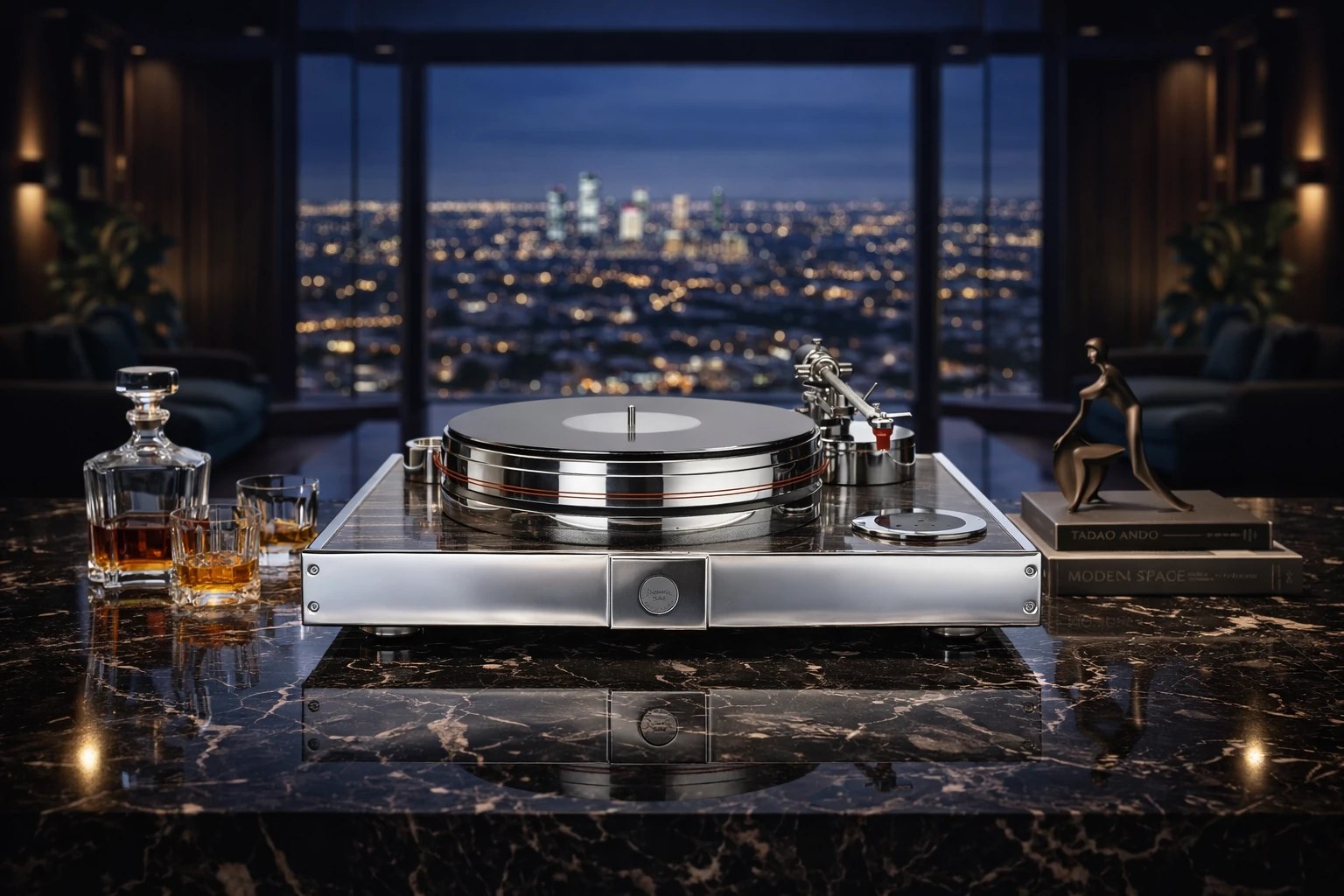 Acoustic Solid Vintage Full Exclusive en una sala nocturna con vista a la ciudad