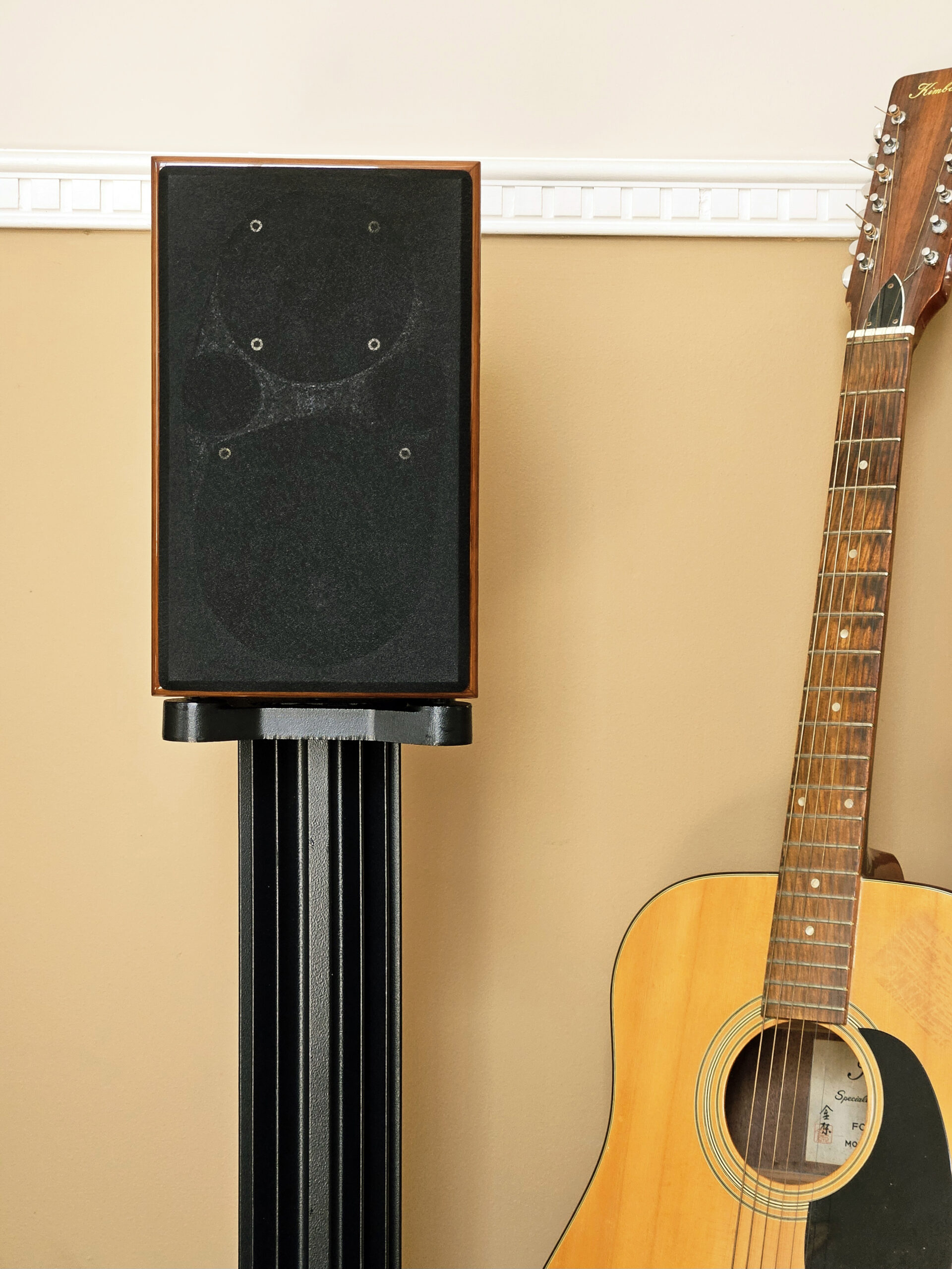 Acoustic Energy AE1 40th Anniversary junto a una guitarra y una biblioteca de discos