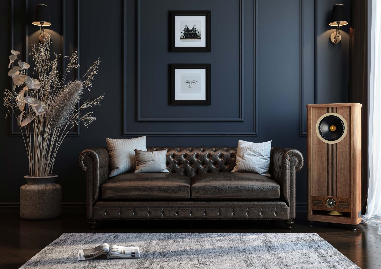 Parlantes Fyne Audio Vintage en un salón con sofá Chesterfield