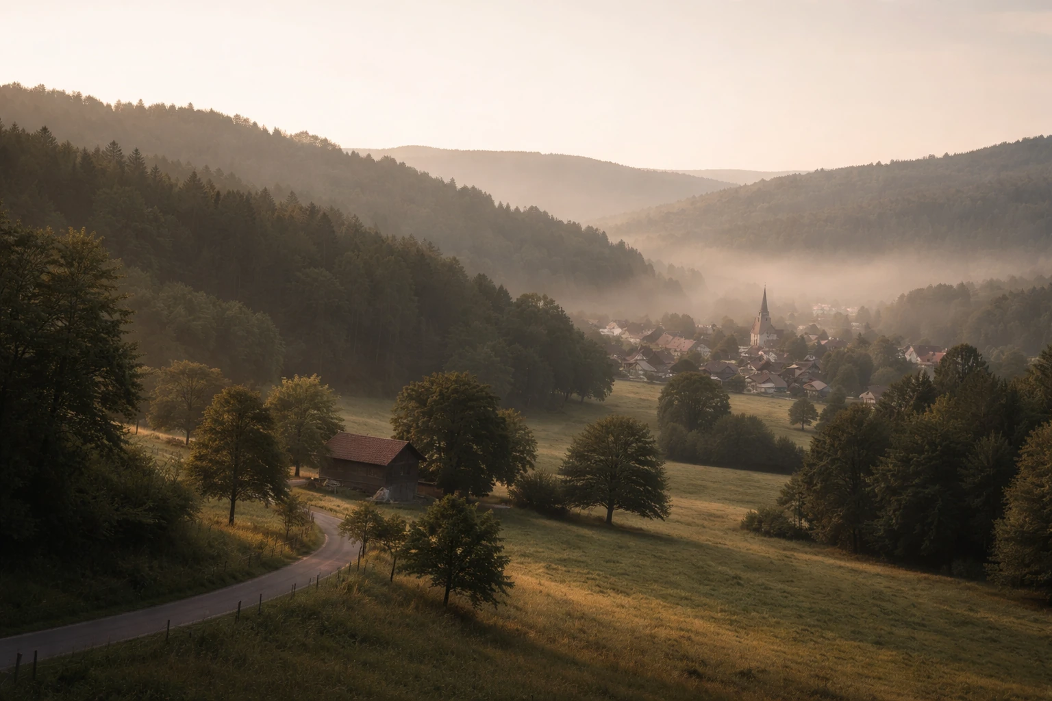 Paisaje de colinas y bosques al amanecer