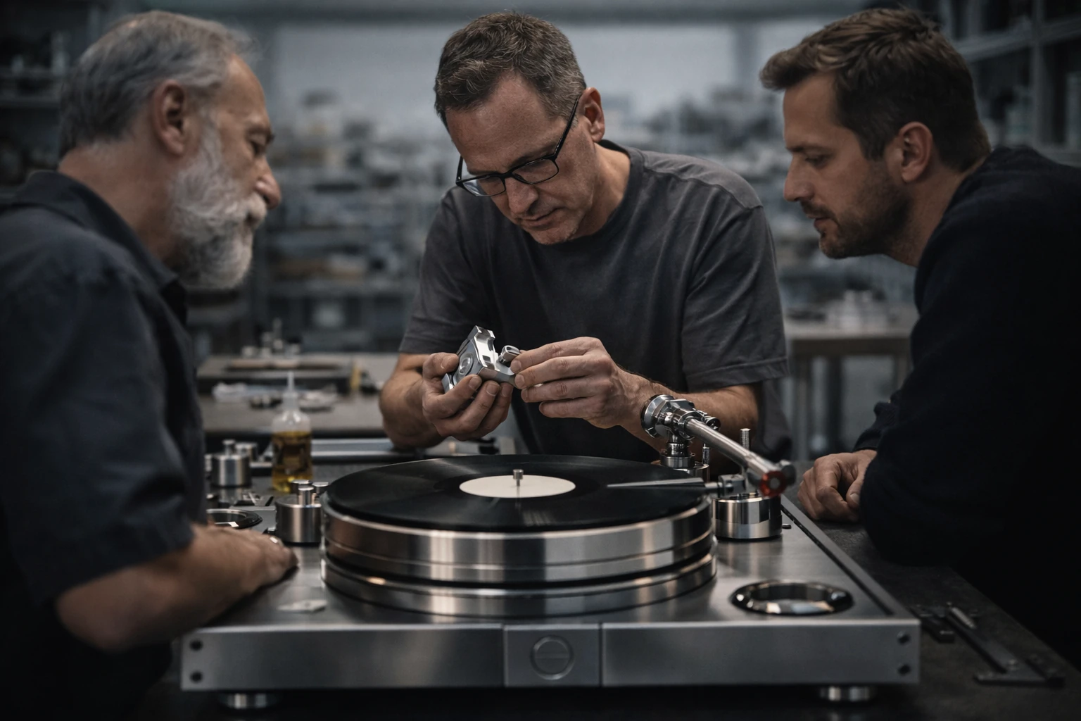Equipo de la manufactura Acoustic Solid armando un tornamesa
